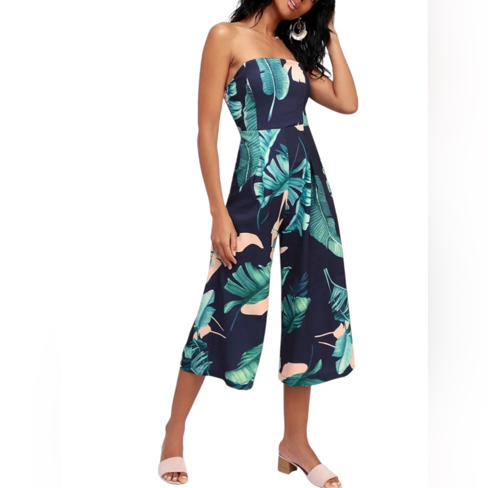 Strapless Navy Tropical Print Jumpsuit